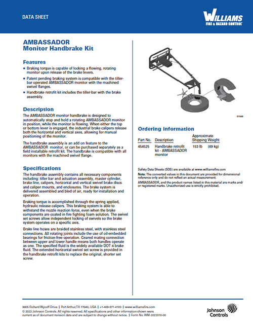 WM-2022010-00   WILLIAMS - AMBASSADOR Monitor Handbrake Kit Data Sheet